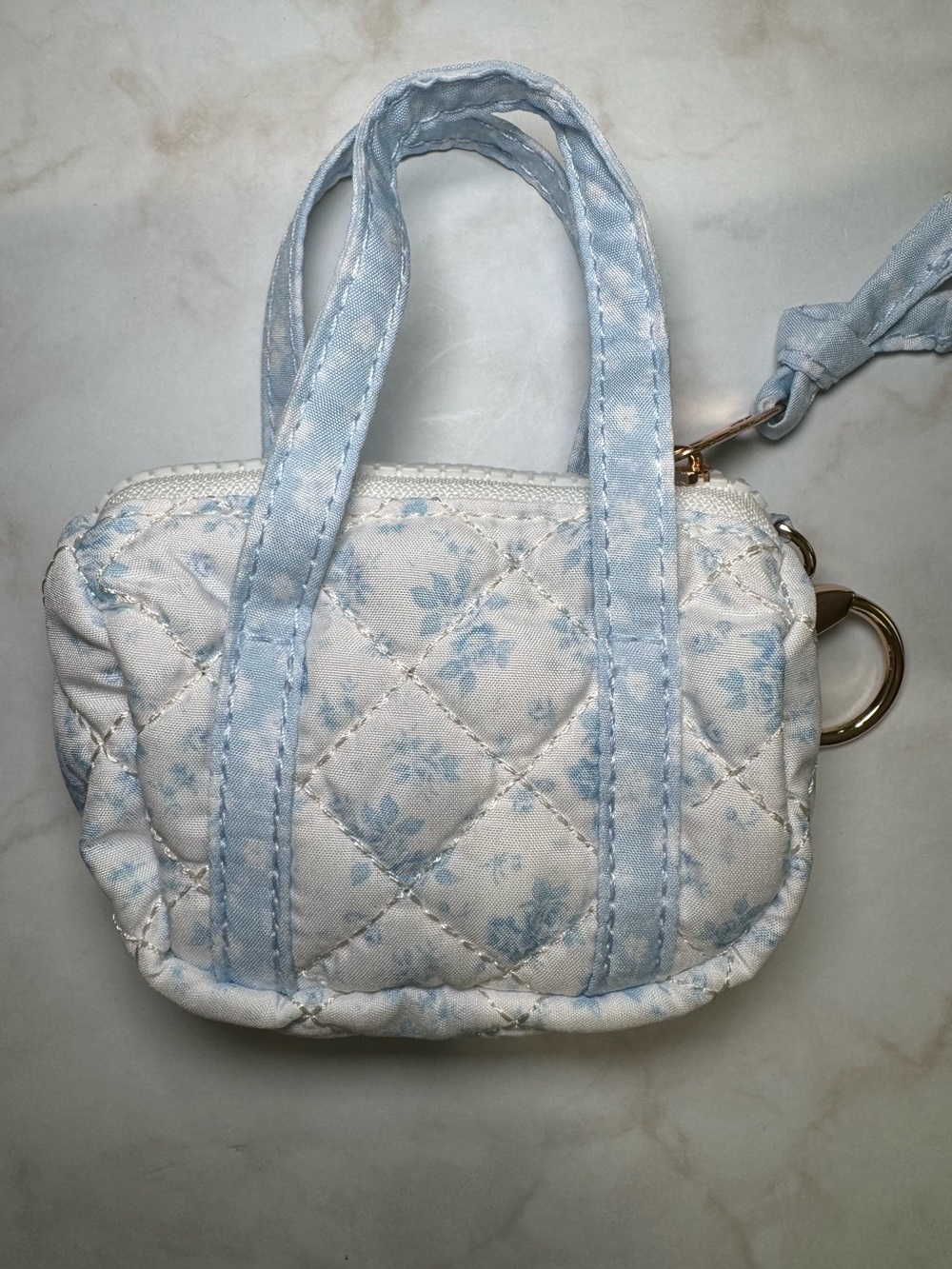 AirPods Quilted Mini Tote Keychain Bag - Light Blue Floral